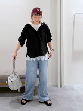 「GLOBAL WORK（グローバルワーク）のGOODデニムイージーパンツ/COOL/636569（デニムパンツ、ブルー系）」を使った、kusuko1103さん（レディース・163cm）の夏コーディネート