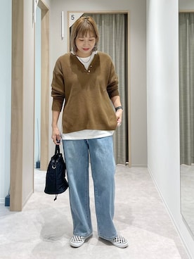 「GLOBAL WORK（グローバルワーク）のGOODデニムバギーパンツ/498388（デニムパンツ）」を使った、kusuko1103さん（レディース・163cm）の秋コーディネート