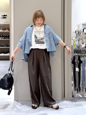 「GLOBAL WORK（グローバルワーク）のノンストレスリッチワイドパンツ/632962（その他パンツ、ブラウン系）」を使った、kusuko1103さん（レディース・163cm）の夏コーディネート