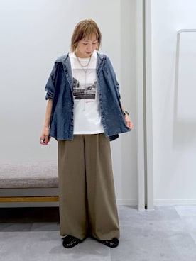 「GLOBAL WORK（グローバルワーク）のUVカットデニムフードシャツ/1051176（シャツ/ブラウス、ブルー系）」を使った、kusuko1103さん（レディース・163cm）の夏コーディネート