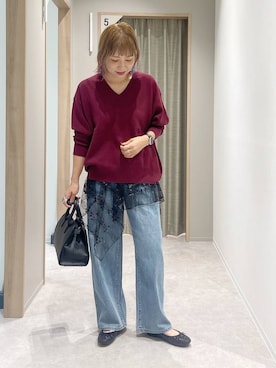 「GLOBAL WORK（グローバルワーク）のGOODデニムバギーパンツ/498388（デニムパンツ）」を使った、kusuko1103さん（レディース・163cm）の秋コーディネート