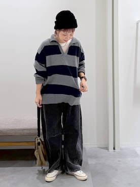 「GLOBAL WORK（グローバルワーク）のチュールフロッキー2WAYプルオーバー/1046122（Tシャツ/カットソー、ベージュ系）」を使った、kusuko1103さん（レディース・163cm）の秋コーディネート