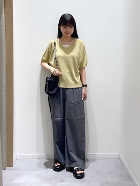 「GLOBAL WORK（グローバルワーク）のリネン混ニット2WAYプルオーバー半袖/147712（Tシャツ/カットソー、イエロー系）」を使った、ニカさんの夏コーディネート
