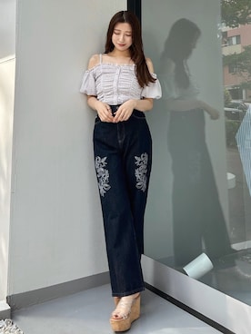 「アイテム（パープル系）」を使った、eriさん（レディース・158cm）の夏コーディネート