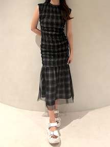 MERCURYDUO シアーチェックシャーリングマーメイドワンピース ブラック シアーチェックシャーリングマーメイドワンピース（ワンピース