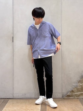 「GLOBAL WORK（グローバルワーク）のスゴラクストレッチスリムパンツ/601335（その他パンツ、ブラック系）」を使った、おばさん（メンズ）の夏コーディネート