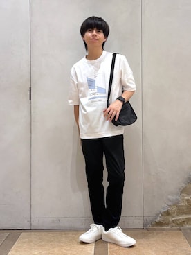 「GLOBAL WORK（グローバルワーク）のスゴラクストレッチスリムパンツ/601335（その他パンツ、ブラック系）」を使った、おばさん（メンズ）の夏コーディネート
