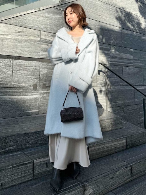 セール】ブローチ付きシャギーロングコート（チェスターコート