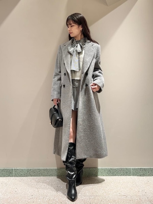 美品　SNIDELチャコールグレー ロングコート セール】ブローチ付きシャギーロングコート（チェスターコート