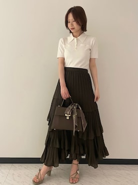 「SNIDEL（スナイデル）のスカーフパッドロックバッグ（ハンドバッグ、ブラウン系）」を使った、SNIDELさんの春コーディネート