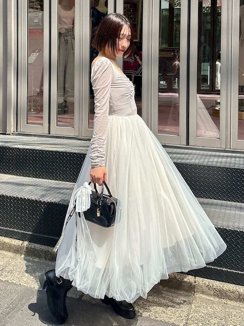 SNIDEL Chacott ベロア×チュールワンピースホワイト