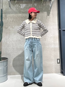 「RAGEBLUE（レイジブルー）のデニムタックワイドパンツ（デニムパンツ、ブルー系）」を使った、ricoさん（レディース）の春コーディネート