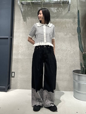 「RAGEBLUE（レイジブルー）のレースデザインワイドデニムパンツ（デニムパンツ、ブラック系）」を使った、ricoさん（レディース）の夏コーディネート