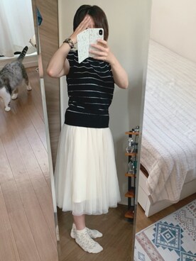 「happy急便のアイテム（スカート、ホワイト系）」を使った、nanamaru0820さん（レディース・155cm）の夏コーディネート
