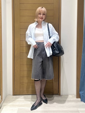 「BAYFLOW（ベイフロー）の[撥水加工付き]フレフィットスリングバックフラットシューズ（パンプス、ブラック系）」を使った、orinさん（レディース・163cm）の春コーディネート