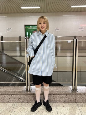 「BAYFLOW（ベイフロー）の【EF(エフ)】ストライプビッグシャツ（WOMEN）（シャツ/ブラウス、ブルー系）」を使った、orinさん（レディース・163cm）の春コーディネート