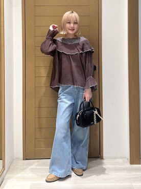 「BAYFLOW（ベイフロー）のペインターワイドデニム（デニムパンツ、ブルー系）」を使った、orinさん（レディース・163cm）の春コーディネート