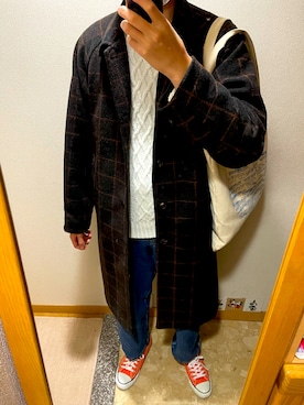「SENSE OF PLACE by URBAN RESEARCH（センスオブプレイスバイアーバンリサーチ）のアイテム（ステンカラーコート）」を使った、TAKESHIさん（メンズ・178cm）の冬コーディネート