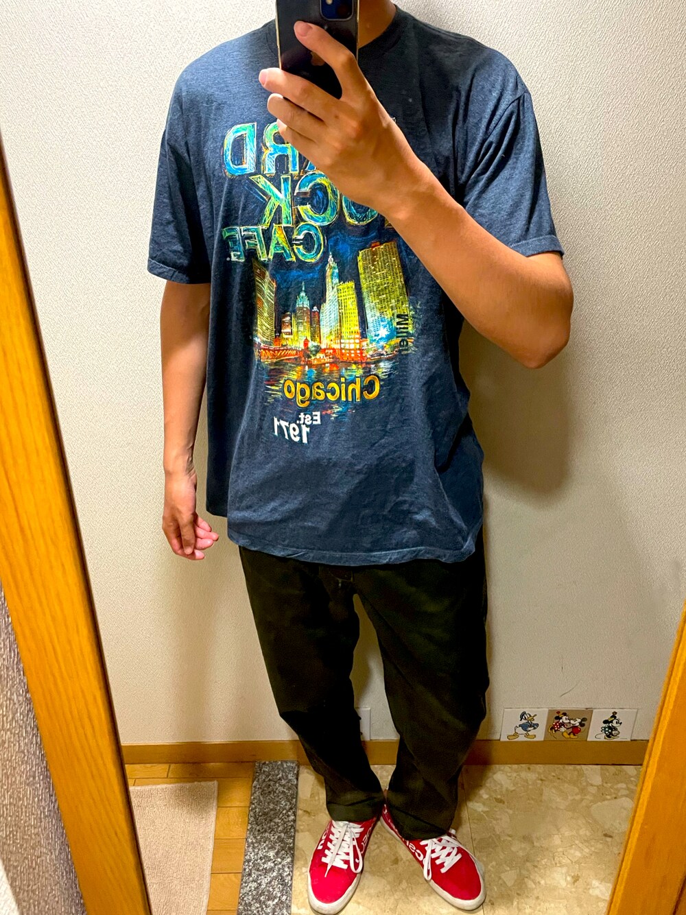「今日のコーデ、初夏コーデ、おしゃれさんと繋がりたい、夏、古着、赤シューズ、古着コーデ」｜「DC SHOESのアイテム（スニーカー、レッド系）」を使った、TAKESHIさん（メンズ・178cm）の夏コーディネートの1枚目の写真