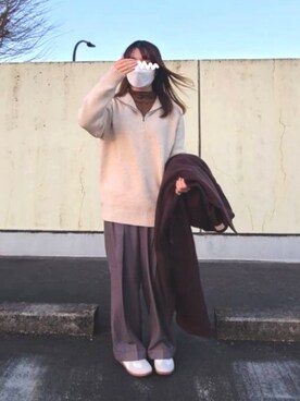 「アイテム（ノーカラーコート、ブラウン系）」を使った、mopinoさん（レディース・156cm）の冬コーディネート