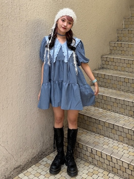 「jouetie（ジュエティ）のビッグカラーフレアミニワンピース（ワンピース、ブルー系）」を使った、HONOKAさん（レディース・157cm）の春コーディネート