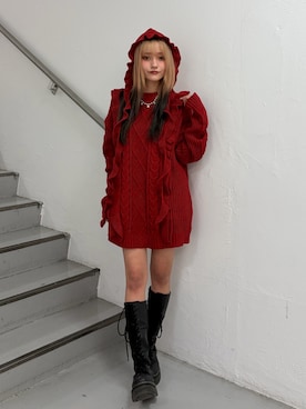 「アイテム（ニットキャップ/ビーニー、レッド系）」を使った、HONOKAさん（レディース・157cm）の秋コーディネート