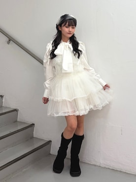 「jouetie（ジュエティ）の【kaorinomori×jouetie】ルモアスタッズベレー（ハンチング/ベレー帽、ブラック系）」を使った、HONOKAさん（レディース・157cm）の秋コーディネート