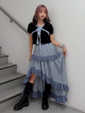 「jouetie（ジュエティ）のレースドッキングパフスリトップス（Tシャツ/カットソー、ブラック系）」を使った、HONOKAさん（レディース・157cm）の春コーディネート