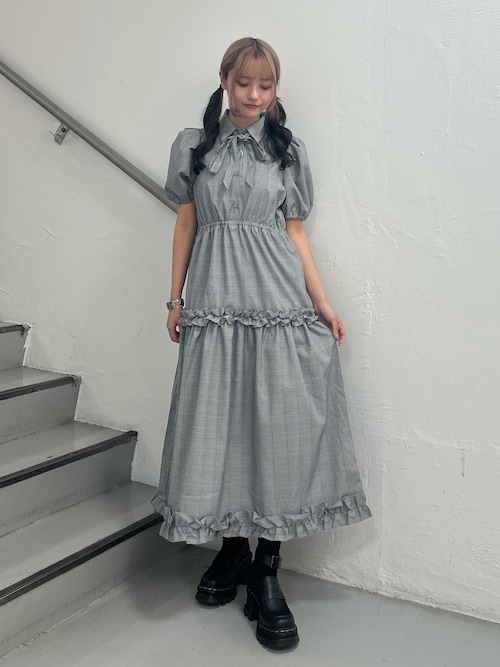 ヘムフリルチェックロングシャツワンピース（ワンピース