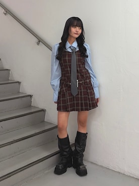 「jouetie（ジュエティ）のスクエアネックプリーツミニワンピース（ワンピース、レッド系）」を使った、HONOKAさん（レディース・157cm）の秋コーディネート