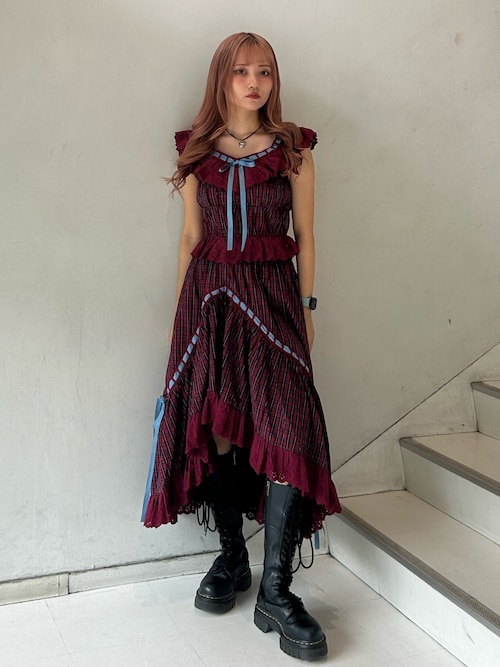 ジュエティ☆リボンステッチアシメスカート＋フリルビスチェ　セットアップ赤タータン ジュエティ☆リボンステッチアシメスカート＋フリルビスチェ