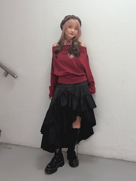 「jouetie（ジュエティ）の【kaorinomori×jouetie】ルモアスタッズベレー（ハンチング/ベレー帽、レッド系）」を使った、HONOKAさん（レディース・157cm）の夏コーディネート