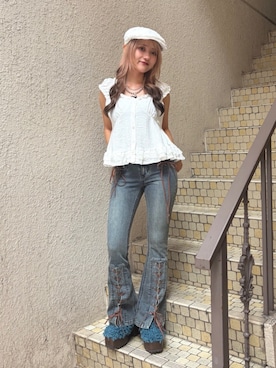 「jouetie（ジュエティ）の【kaorinomori×jouetie】レースハンチング（ハンチング/ベレー帽、ホワイト系）」を使った、HONOKAさん（レディース・157cm）の夏コーディネート