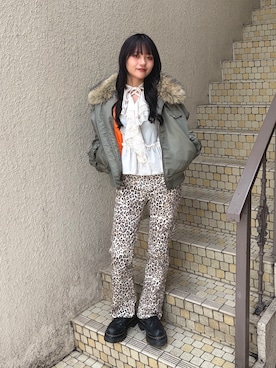 「jouetie（ジュエティ）のファードッキングMA-1ジャケット（MA-1、グリーン系）」を使った、HONOKAさん（レディース・157cm）の秋コーディネート