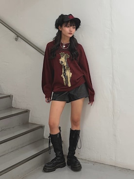 「jouetie（ジュエティ）のDOGロゴジャガードルーズニット（ニット/セーター、レッド系）」を使った、HONOKAさん（レディース・157cm）の秋コーディネート