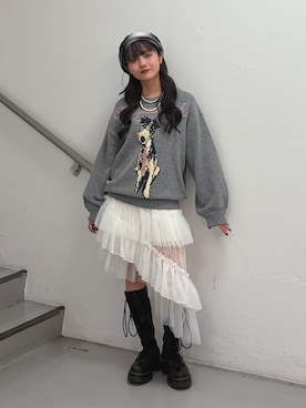 「jouetie（ジュエティ）のDOGロゴジャガードルーズニット（ニット/セーター、グレー系）」を使った、HONOKAさん（レディース・157cm）の秋コーディネート
