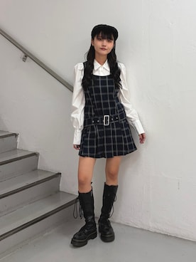 「jouetie（ジュエティ）のスクエアネックプリーツミニワンピース（ワンピース、ブルー系）」を使った、HONOKAさん（レディース・157cm）の秋コーディネート
