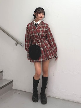 「jouetie（ジュエティ）のバルーンジャケットミニワンピース（ワンピース、レッド系）」を使った、HONOKAさん（レディース・157cm）の秋コーディネート