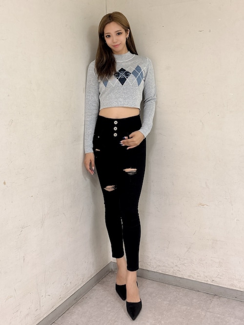 ハイウエストバッククロスダメージスキニーデニムパンツ（デニム