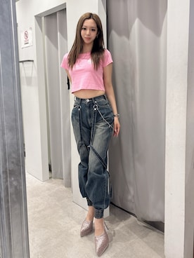 「GYDA（ジェイダ）のGEMIBUNNYショートTシャツ（Tシャツ/カットソー、ピンク系）」を使った、YURARAさん（レディース・170cm）の春コーディネート