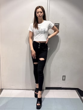 「GYDA（ジェイダ）のgy bijou Tシャツ（Tシャツ/カットソー、ホワイト系）」を使った、YURARAさん（レディース・170cm）の春コーディネート
