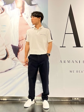 「ARMANI EXCHANGE（アルマーニエクスチェンジ）のアイテム（スリッポン）」を使った、shupeiさん（メンズ・170cm）の夏コーディネート