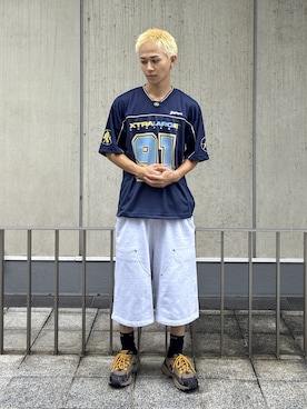 「XLARGE（エクストララージ）のXTRA FOOTBALL JERSEY（Tシャツ/カットソー、ブルー系）」を使った、KIYOさん（メンズ・171cm）の夏コーディネート