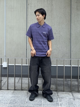 「XLARGE（エクストララージ）のSTRIPED KNIT POLO SHIRT（ポロシャツ、パープル系）」を使った、KIYOさん（メンズ・171cm）の夏コーディネート