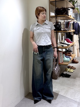 「FREE'S MART（フリーズマート）の◆コンパクトシャツカットソー（Tシャツ/カットソー、グレー系）」を使った、harukaさん（レディース・158cm）の夏コーディネート