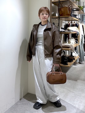 「FREE'S MART（フリーズマート）の◆スタンド合皮ブルゾン（ブルゾン、ブラウン系）」を使った、harukaさん（レディース・158cm）の冬コーディネート