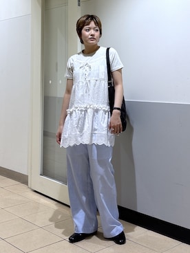 「FREE'S MART（フリーズマート）の◆コットンティアードミニワンピース（ワンピース、ホワイト系）」を使った、harukaさん（レディース・158cm）の春コーディネート