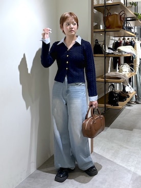 「FREE'S MART（フリーズマート）の◆シャツレイヤードゴールドボタンニット（ニット/セーター、ブルー系）」を使った、harukaさん（レディース・158cm）の冬コーディネート