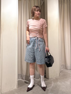 「シャーリング」｜「アイテム（Tシャツ/カットソー）」を使った、harukaさん（レディース・158cm）の夏コーディネート