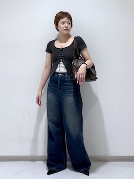 「FREE'S MART（フリーズマート）の◆レースアップレイヤードカットソー（Tシャツ/カットソー、ブラック系）」を使った、harukaさん（レディース・158cm）の夏コーディネート